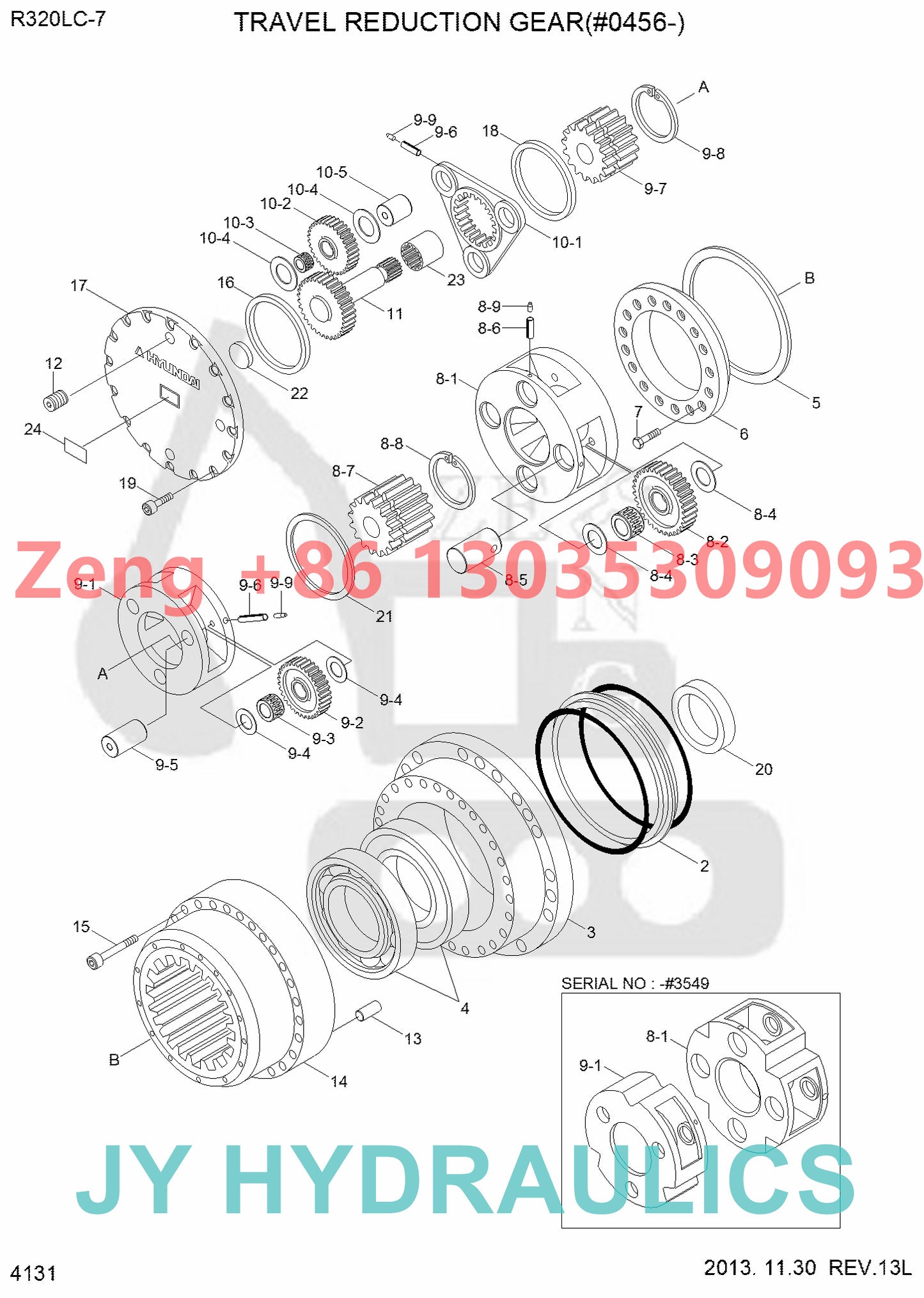 Hyundai R320LC-7 excavator final drive travel reduction gearbox parts