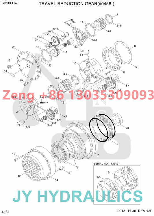 Hyundai R320LC-7 excavator final drive travel reduction gearbox parts