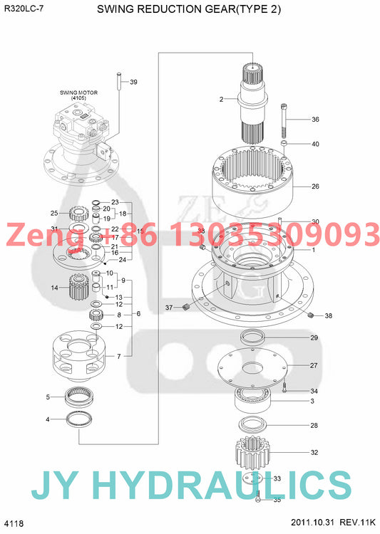 Hyundai R320LC-7 excavator final drive travel reduction gearbox parts