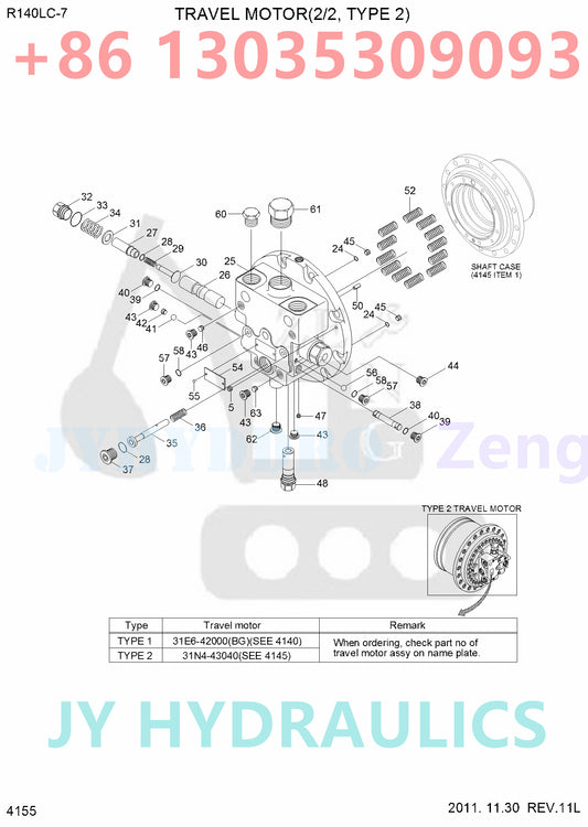 HYUNDAI R140LC-7 R140LC-7A EXCAVATOR 31N4-43040 XKAY-01997 TRAVEL MOTOR ROTARY GROUP AND SPARE PARTS