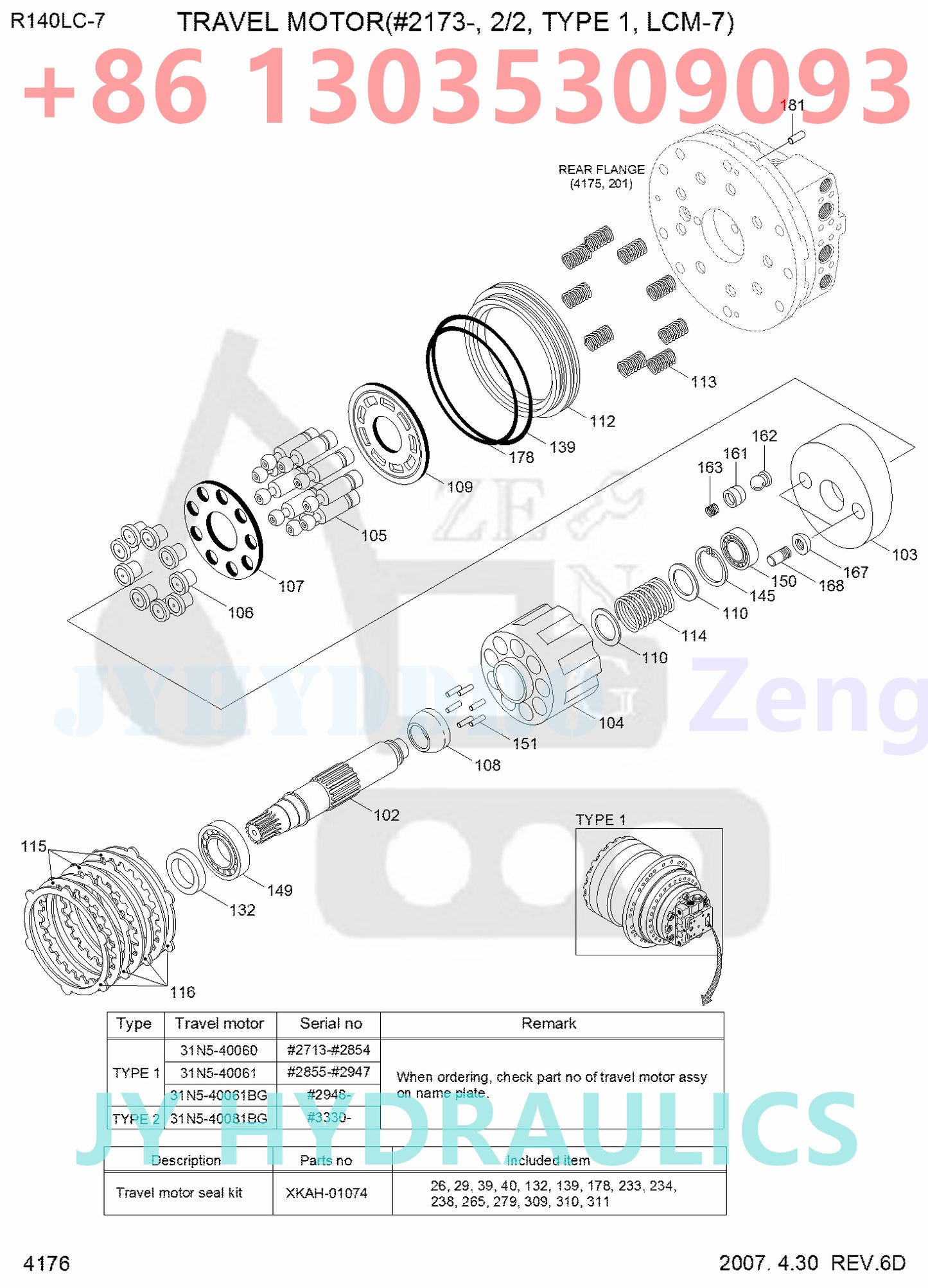 HYUNDAI R110-7 R110-7A R140LC-7 R140LC-7A R180LC-7 R180LC-7A EXCAVATOR 31N5-40060 31N5-40061  31N5-40061BG 31N5-40062BG TRAVEL MOTOR ROTARY GROUP AND SPARE PARTS