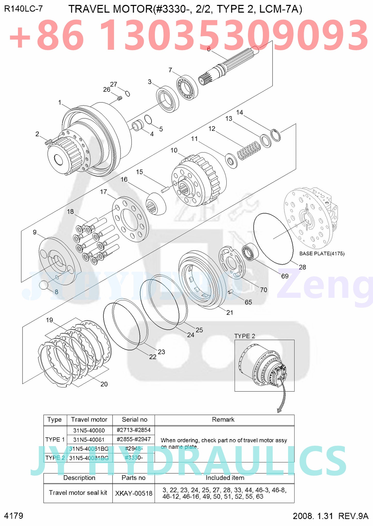 HYUNDAI R110-7 R110-7A R140LC-7 R140LC-7A EXCAVATOR 31N5-40071BG 31N5-40081BG TRAVEL MOTOR ROTARY GROUP AND SPARE PARTS