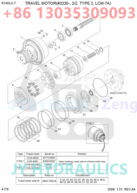 HYUNDAI R110-7 R110-7A R140LC-7 R140LC-7A EXCAVATOR 31N5-40071BG 31N5-40081BG TRAVEL MOTOR ROTARY GROUP AND SPARE PARTS