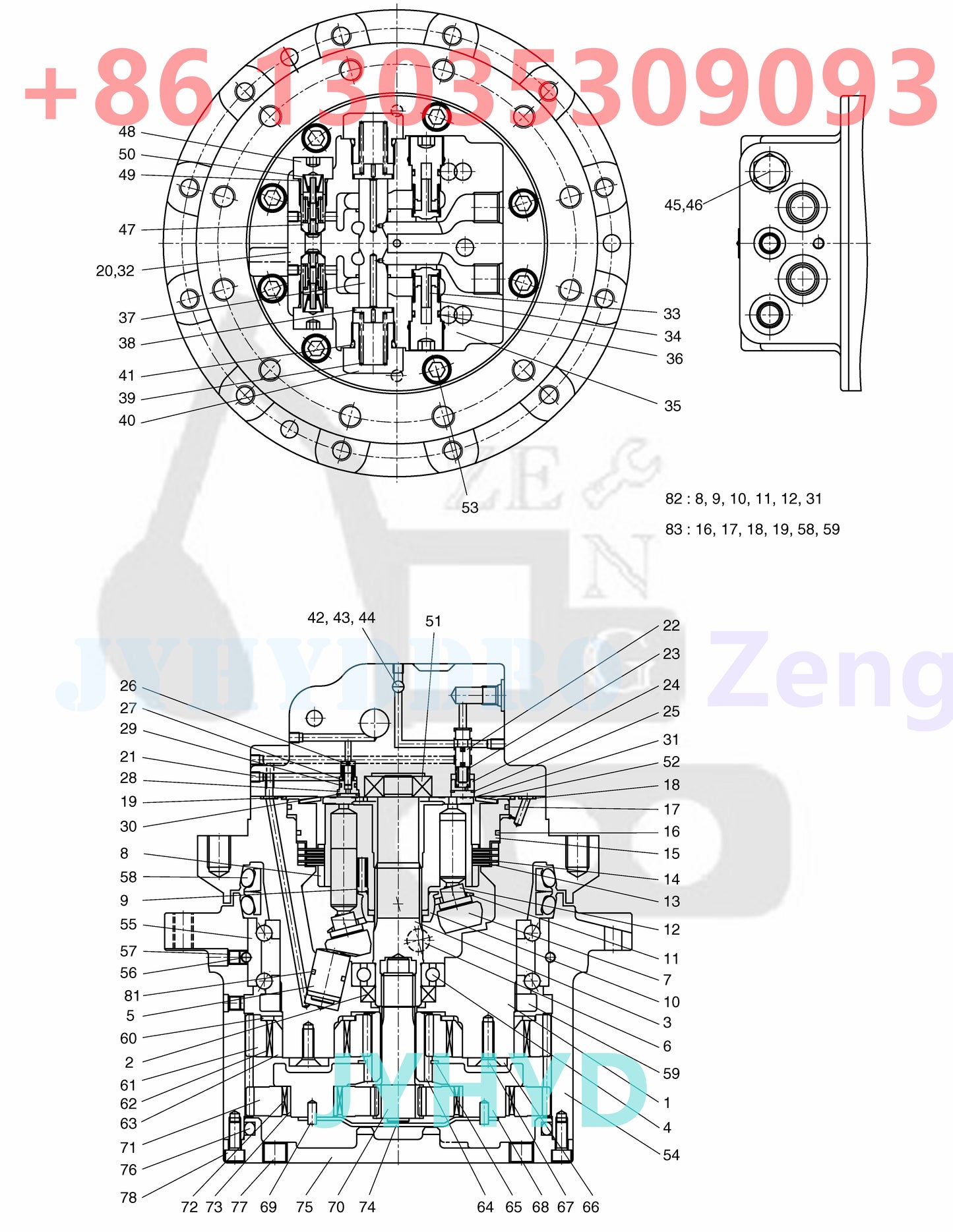 DOOSAN S80GOLD SOLAR 75-V EXCAVATOR 401-00335 TRAVEL MOTOR ROTARY GROUP AND SPARE PARTS