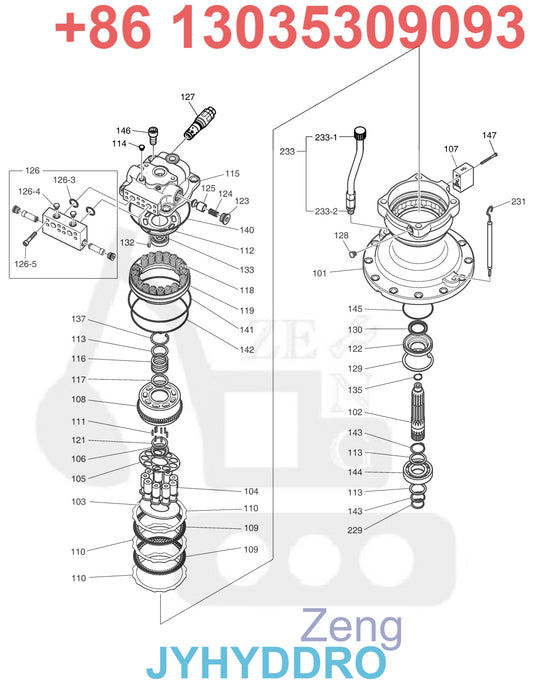 DOOSAN DX300LC-3 EXCAVATOR 170301-00091A 170301-00091B K1056874 SWING MOTOR ROTARY GROUP AND SPARE PARTS